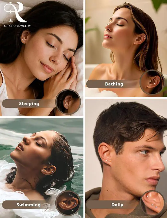 Alt view image 3 of 6 - ORAZIO 6 Pairs Tiny 2mm Stainless Steel Stud Earrings For Mens Womens CZ Round Ball Cartilage Earrings Set,Silver Tone