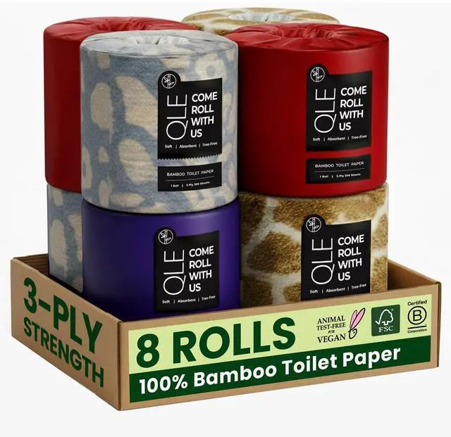 Main image of QLE Bamboo Toilet Paper, 8 Pack, 3-Ply, 300 Sheets Per Roll, Organic, Chemical-Free, Hypoallergenic, Bamboo, Compostable, Septic Safe, FSC Certified