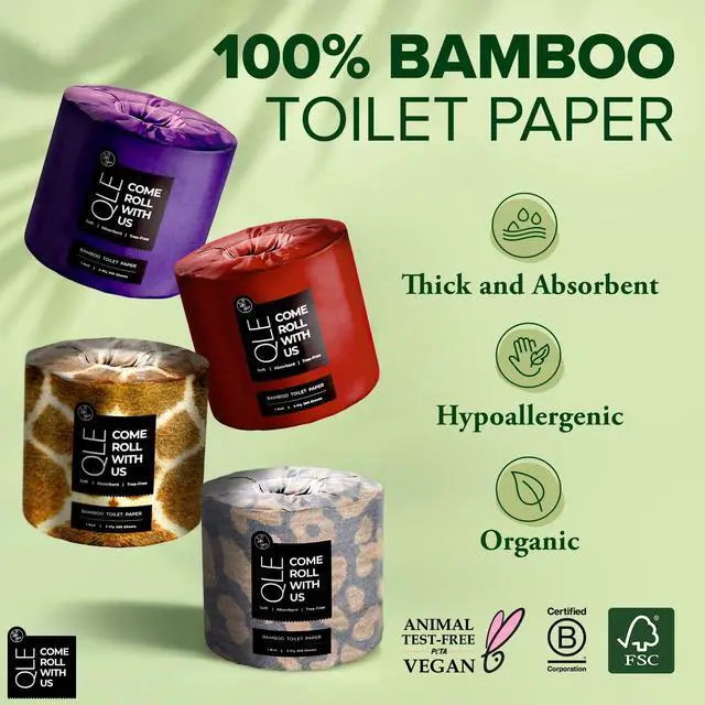 Alt view image 2 of 6 - QLE Bamboo Toilet Paper, 8 Pack, 3-Ply, 300 Sheets Per Roll, Organic, Chemical-Free, Hypoallergenic, Bamboo, Compostable, Septic Safe, FSC Certified