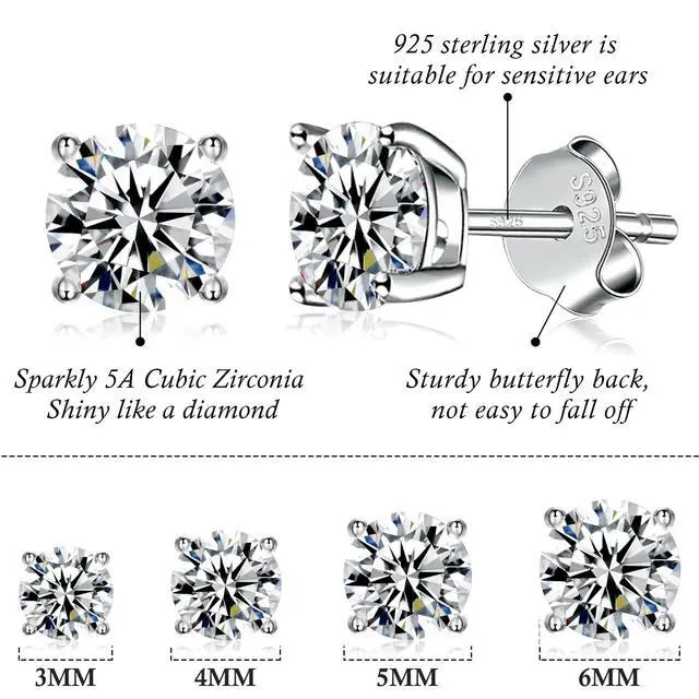 Alt view image 2 of 7 - 925 Sterling Silver Stud earrings Set White Gold Plated Hypoallergenic Stud Earrings Cubic Zirconia Stud Earrings for Women (3mm4mm5mm6mm)
