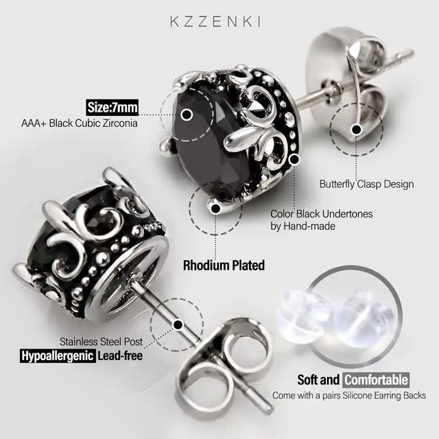 Alt view image 2 of 7 - KZZENKI Black Earrings for Men, Hypoallergenic Stainless Steel Black Stud Earrings for Women Black Diamond Earrings Cool Male Jewelry