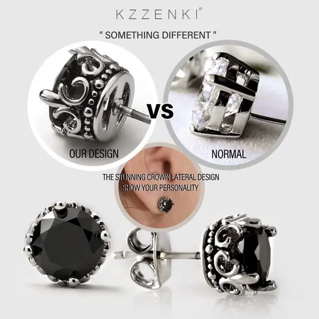 Alt view image 3 of 7 - KZZENKI Black Earrings for Men, Hypoallergenic Stainless Steel Black Stud Earrings for Women Black Diamond Earrings Cool Male Jewelry