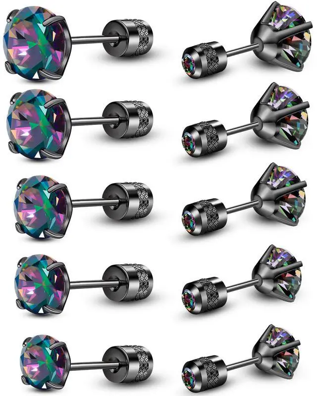 Main image of ONESING 5 Pairs Mens Earrings Studs Stianless Steel Black Stud Earrings Hypoallergenic Cubic Zirconia Flat Back Mens Black Earrings for Multiple Piercing 20G/3-7mm