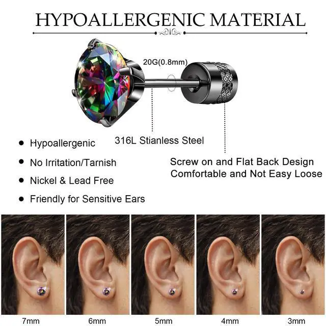 Alt view image 2 of 7 - ONESING 5 Pairs Mens Earrings Studs Stianless Steel Black Stud Earrings Hypoallergenic Cubic Zirconia Flat Back Mens Black Earrings for Multiple Piercing 20G/3-7mm