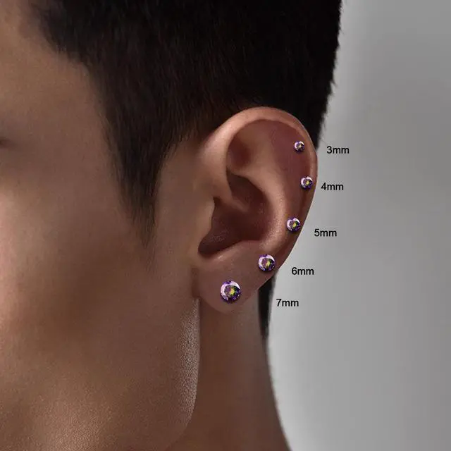 Alt view image 3 of 7 - ONESING 5 Pairs Mens Earrings Studs Stianless Steel Black Stud Earrings Hypoallergenic Cubic Zirconia Flat Back Mens Black Earrings for Multiple Piercing 20G/3-7mm