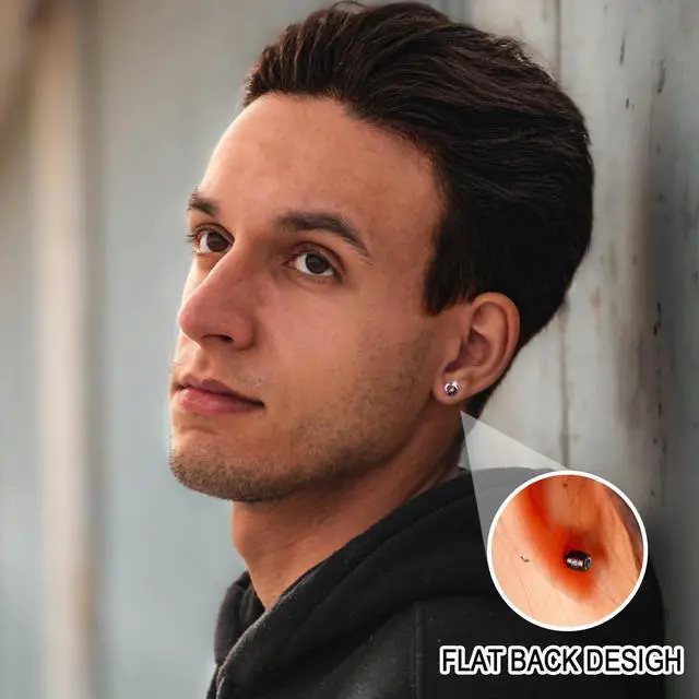 Alt view image 5 of 7 - ONESING 5 Pairs Mens Earrings Studs Stianless Steel Black Stud Earrings Hypoallergenic Cubic Zirconia Flat Back Mens Black Earrings for Multiple Piercing 20G/3-7mm