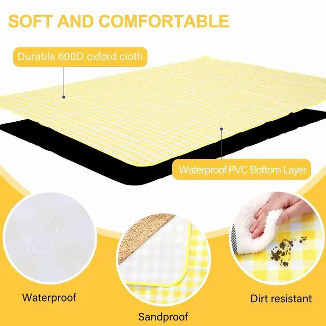 Alt view image 3 of 7 - HX&OD Picnic Blanket Outdoor Extra Large Picnic Mat 80"X60" Camping Blanket Beach Blanket Foldable Waterproof Sand Mat Hiking Travel Family Concerts(Yellow)