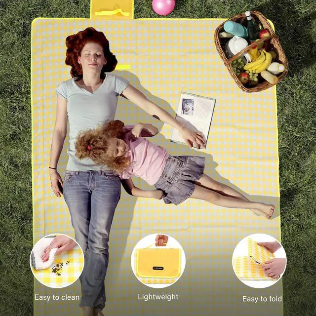 Alt view image 6 of 7 - HX&OD Picnic Blanket Outdoor Extra Large Picnic Mat 80"X60" Camping Blanket Beach Blanket Foldable Waterproof Sand Mat Hiking Travel Family Concerts(Yellow)