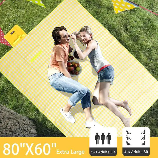 Alt view image 2 of 7 - HX&OD Picnic Blanket Outdoor Extra Large Picnic Mat 80"X60" Camping Blanket Beach Blanket Foldable Waterproof Sand Mat Hiking Travel Family Concerts(Yellow)