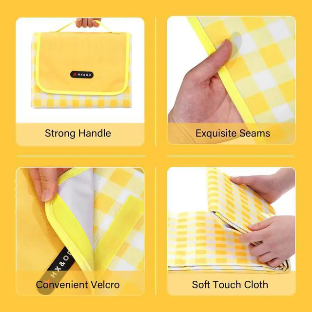 Alt view image 4 of 7 - HX&OD Picnic Blanket Outdoor Extra Large Picnic Mat 80"X60" Camping Blanket Beach Blanket Foldable Waterproof Sand Mat Hiking Travel Family Concerts(Yellow)