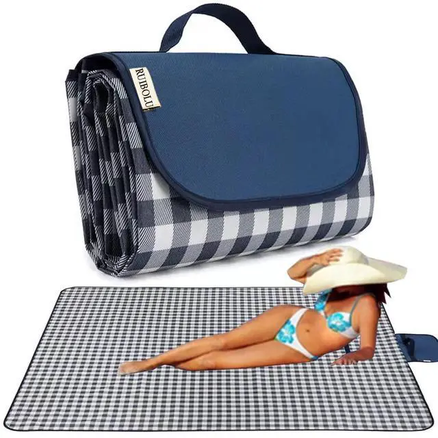 Main image of RUIBOLU Beach Blanket Large Picnic Blankets, 80x60in Sandproof Beach Mat for 2-4 Adults Waterproof Quick Drying Outdoor Picnic Mat for Travel Camping Hiking Festival Park Lawn (Dark Blue Plaids)