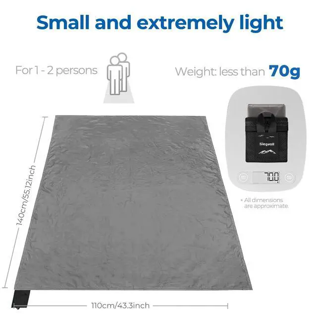 Alt view image 2 of 6 - Siegvoll Pocket Picnic Blanket for 1-2 Persons, 43x55 in - Sandproof & Waterproof, Ultra-Light 2.5oz Travel Mat for Outdoor Beach Hiking Camping (Gray)