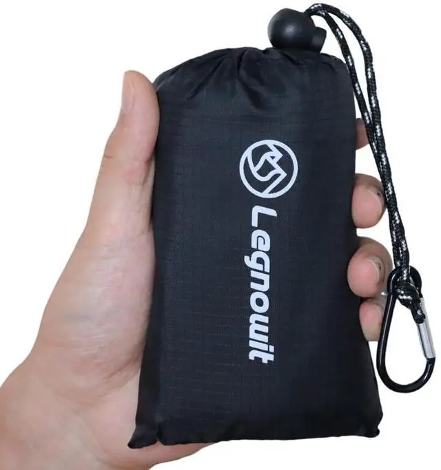 Main image of Legnowit Outdoor Pocket Blanket, 55"x39" Waterproof Foldable Compact Small Picnic Blanket, Ultralight Tarp for Camping, Festival, Beach, Hiking, Backpacking, Travel, Stakes Included (Black)
