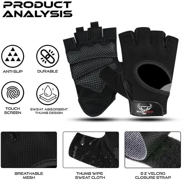Alt view image 2 of 7 - BEAST RAGE Workout Gloves for Men and Women, Fingerless Weight Lifting Gloves with Palm Protection Padding, Breathable and Lightweight Gym Glove for Weightlifting, Cycling Pull Up (Black, M)