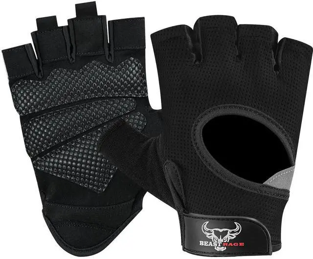Main image of BEAST RAGE Workout Gloves for Men and Women, Fingerless Weight Lifting Gloves with Palm Protection Padding, Breathable and Lightweight Gym Glove for Weightlifting, Cycling Pull Up (Black, M)