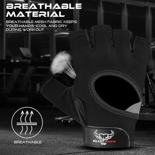 Alt view image 6 of 7 - BEAST RAGE Workout Gloves for Men and Women, Fingerless Weight Lifting Gloves with Palm Protection Padding, Breathable and Lightweight Gym Glove for Weightlifting, Cycling Pull Up (Black, M)