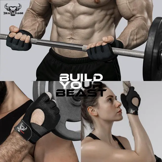 Alt view image 7 of 7 - BEAST RAGE Workout Gloves for Men and Women, Fingerless Weight Lifting Gloves with Palm Protection Padding, Breathable and Lightweight Gym Glove for Weightlifting, Cycling Pull Up (Black, M)