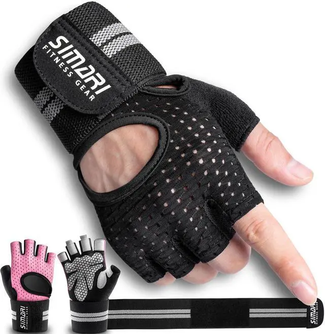 Main image of SIMARI Breathable Workout Gloves for Men Women, Padded Weight Lifting Gloves with Wrist Wraps Support, Full Palm Protection, Grip for Gym Training, Fitness, Weightlifting, Exercise Fingerless Black