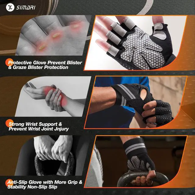 Alt view image 4 of 6 - SIMARI Breathable Workout Gloves for Men Women, Padded Weight Lifting Gloves with Wrist Wraps Support, Full Palm Protection, Grip for Gym Training, Fitness, Weightlifting, Exercise Fingerless Black