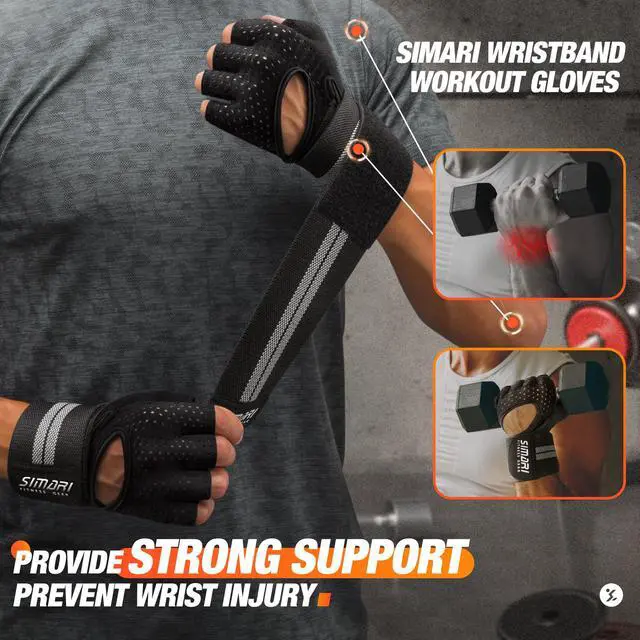 Alt view image 5 of 6 - SIMARI Breathable Workout Gloves for Men Women, Padded Weight Lifting Gloves with Wrist Wraps Support, Full Palm Protection, Grip for Gym Training, Fitness, Weightlifting, Exercise Fingerless Black