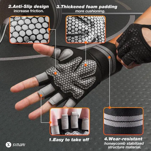 Alt view image 2 of 6 - SIMARI Breathable Workout Gloves for Men Women, Padded Weight Lifting Gloves with Wrist Wraps Support, Full Palm Protection, Grip for Gym Training, Fitness, Weightlifting, Exercise Fingerless Black
