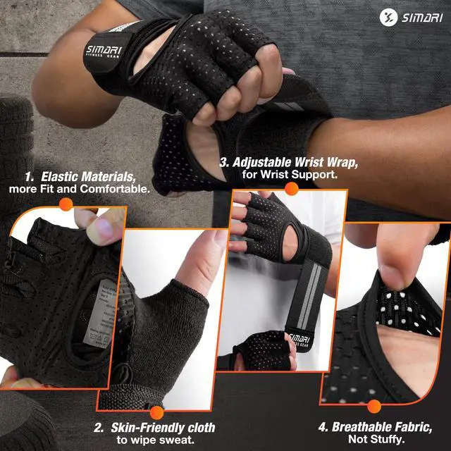 Alt view image 3 of 6 - SIMARI Breathable Workout Gloves for Men Women, Padded Weight Lifting Gloves with Wrist Wraps Support, Full Palm Protection, Grip for Gym Training, Fitness, Weightlifting, Exercise Fingerless Black