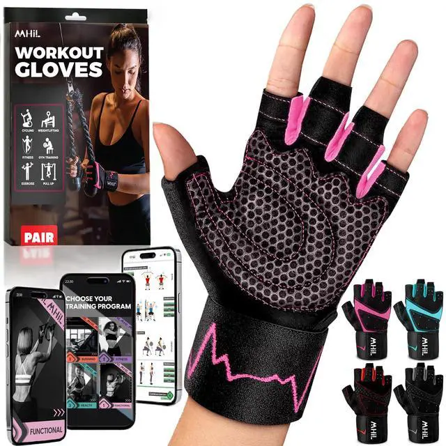 Main image of MhIL Workout Gloves for Women Breathable Gym Gloves for Women with Palm Protection and Enhanced Grip Padded Weight Lifting Glove for Womens with Wrist Wraps Support Weightlifting Exercise Cycling