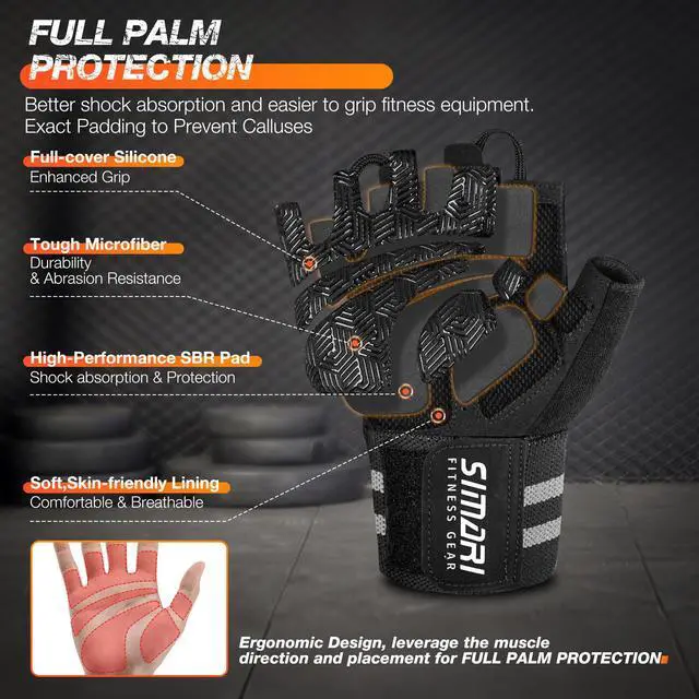 Alt view image 2 of 7 - SIMARI Workout Gym Gloves for Men Women, Weight Lifting Gloves with Wrist Wrap Support, SBR Pad Grip for Full Palm Protection, for Exercise, Fitness, Dumbbells, Barbell, Climbing, Fingerless