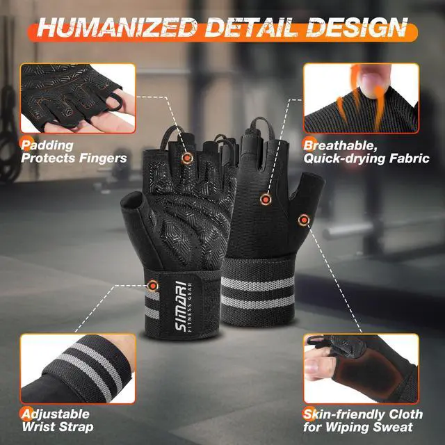 Alt view image 5 of 7 - SIMARI Workout Gym Gloves for Men Women, Weight Lifting Gloves with Wrist Wrap Support, SBR Pad Grip for Full Palm Protection, for Exercise, Fitness, Dumbbells, Barbell, Climbing, Fingerless