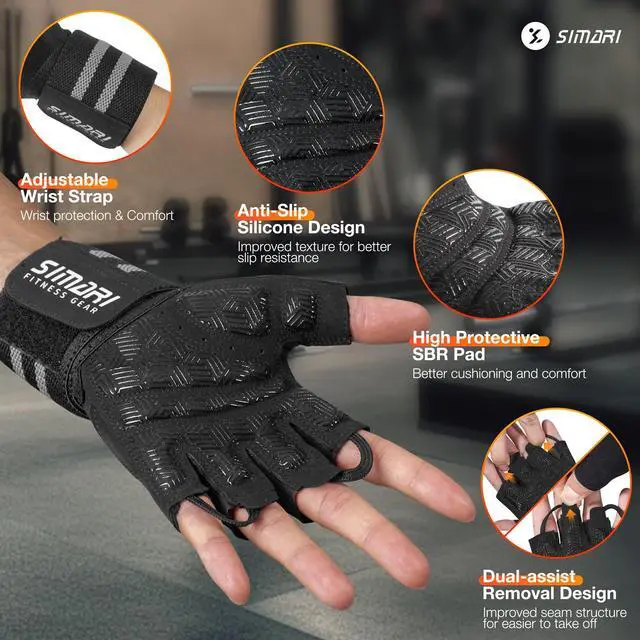 Alt view image 7 of 7 - SIMARI Workout Gym Gloves for Men Women, Weight Lifting Gloves with Wrist Wrap Support, SBR Pad Grip for Full Palm Protection, for Exercise, Fitness, Dumbbells, Barbell, Climbing, Fingerless
