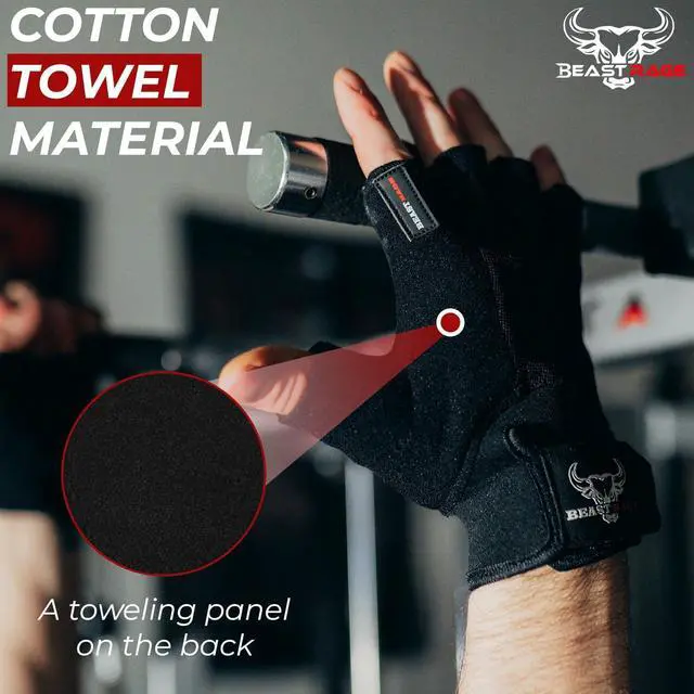 Alt view image 3 of 6 - BEAST RAGE Workout Gloves for Men, Durable Palm Grip Gym Gloves Women Half Finger Elasticated Training Weight Lifting Strength Bodybuilding Anti Slip Cycling Glove Exercise (Jet Black, M)