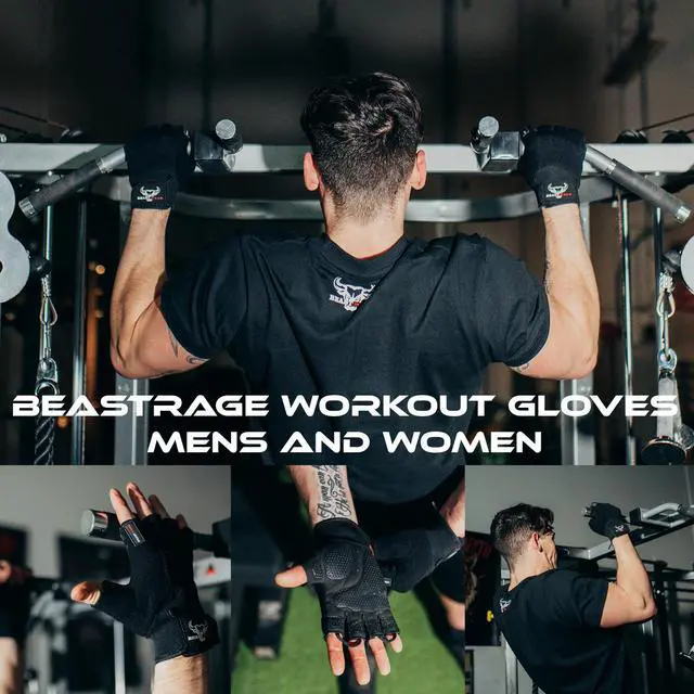 Alt view image 2 of 6 - BEAST RAGE Workout Gloves for Men, Durable Palm Grip Gym Gloves Women Half Finger Elasticated Training Weight Lifting Strength Bodybuilding Anti Slip Cycling Glove Exercise (Jet Black, M)