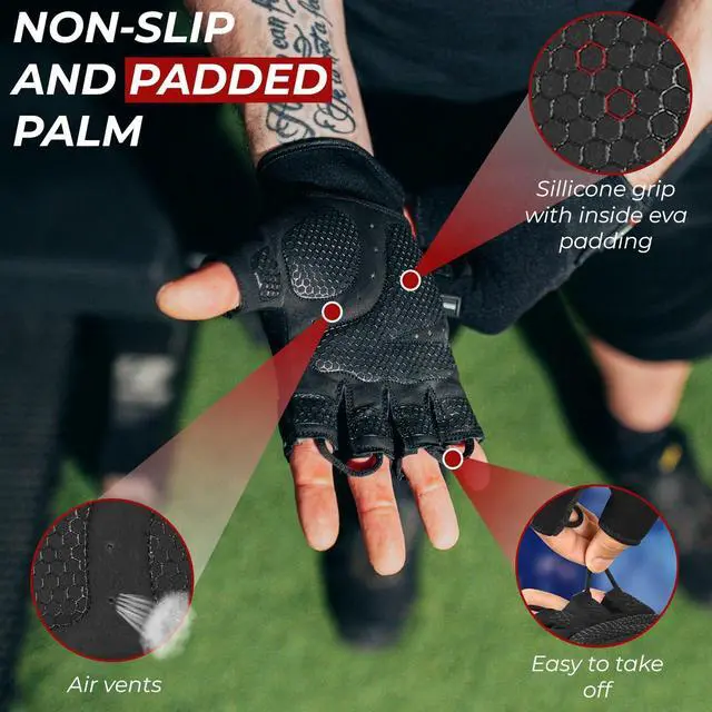 Alt view image 4 of 6 - BEAST RAGE Workout Gloves for Men, Durable Palm Grip Gym Gloves Women Half Finger Elasticated Training Weight Lifting Strength Bodybuilding Anti Slip Cycling Glove Exercise (Jet Black, M)