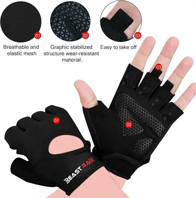 Alt view image 2 of 7 - BEAST RAGE Workout Gloves for Men Gym Gloves for Weightlifting Women Fingerless with Palm Protection Padding, Breathable and Lightweight Weight Lifting Glove Cycling Pull Up (Black, M)