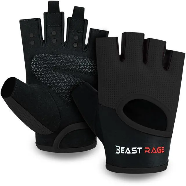 Main image of BEAST RAGE Workout Gloves for Men Gym Gloves for Weightlifting Women Fingerless with Palm Protection Padding, Breathable and Lightweight Weight Lifting Glove Cycling Pull Up (Black, M)