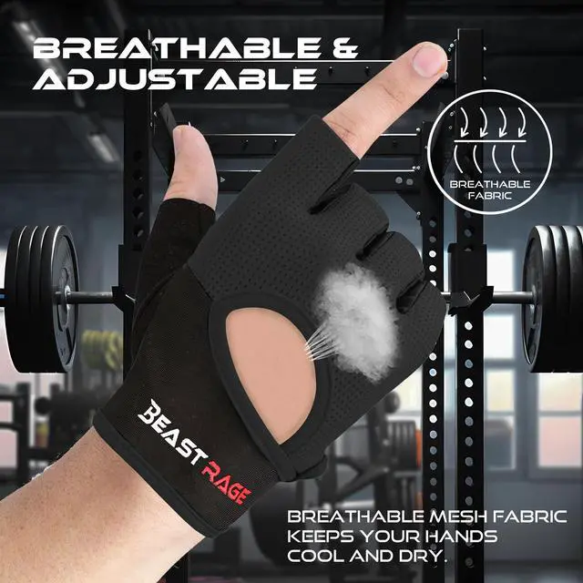 Alt view image 4 of 7 - BEAST RAGE Workout Gloves for Men Gym Gloves for Weightlifting Women Fingerless with Palm Protection Padding, Breathable and Lightweight Weight Lifting Glove Cycling Pull Up (Black, M)