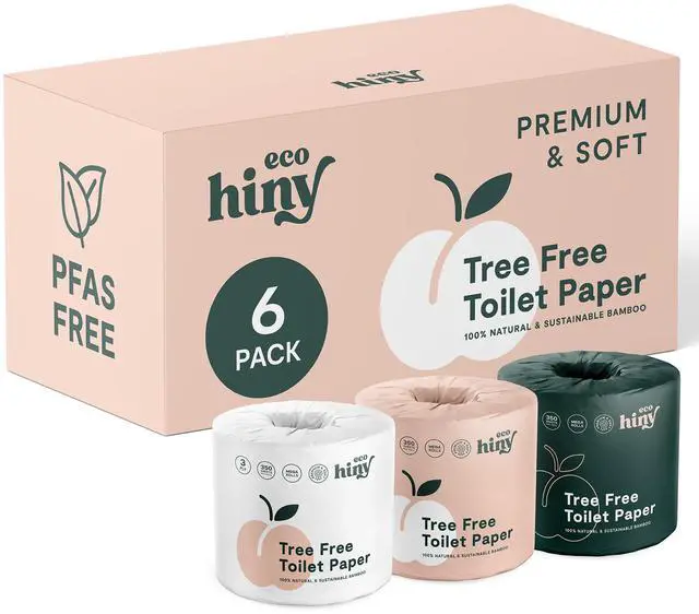 Main image of ecoHiny Premium & Soft Bamboo Toilet Paper | PFAS Free | 6 Mega Rolls, 3 ply & 350 Sheets | Non Toxic, FSC Certified, Septic Safe, BPA Free | Tree Free Toilet Tissue | Plastic Free Packaging