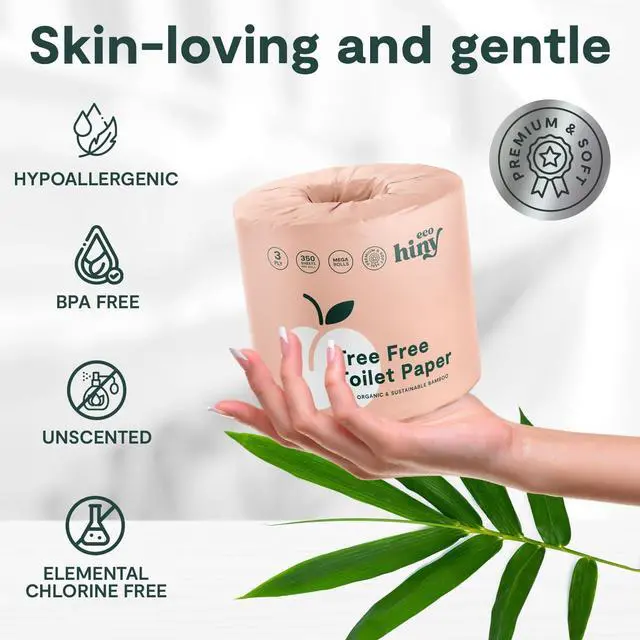 Alt view image 7 of 7 - ecoHiny Premium & Soft Bamboo Toilet Paper | PFAS Free | 6 Mega Rolls, 3 ply & 350 Sheets | Non Toxic, FSC Certified, Septic Safe, BPA Free | Tree Free Toilet Tissue | Plastic Free Packaging