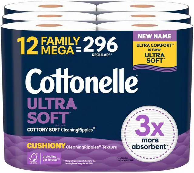 Main image of Cottonelle Ultra Soft Toilet Paper with Cushiony CleaningRipples Texture, 12 Family Mega Rolls = 54 Regular Rolls