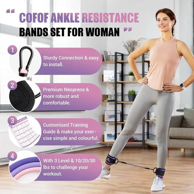 Alt view image 2 of 7 - Ankle Resistance Bands with Cuffs, Ankle Bands for Working Out, Kickbacks Hip, Leg Glute Exercise Equipment with Training Poster, Resistance Workout Equipment for Women(Purple)