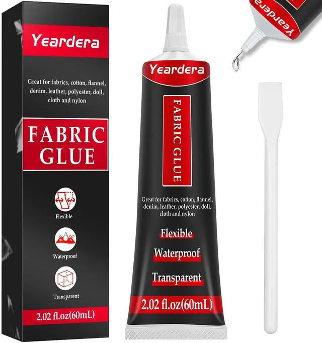 Main image of Yeardera Fabric Glue, Permanent, Clear, Washable Adhesive for Clothing, Patches, Leather, Cotton, Denim, Polyester, Flannel, and All Fabrics