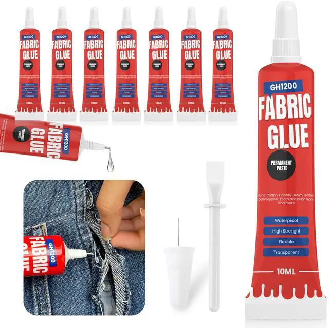 Main image of Fabric Glue Permanent (10 ML x 8), Fabric Glue for Clothing Permanent Washable for Rhinestones, Patches, Clothes, Denim, Leather, Polyester, Fabrics, Doll Repair, Flannel, Cotton & More