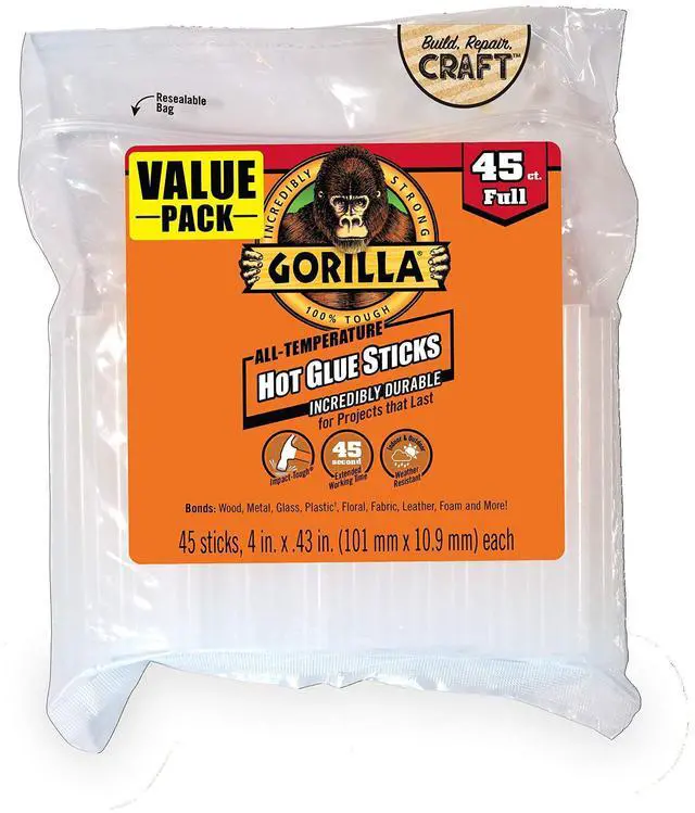 Main image of Gorilla Hot Glue Sticks, Clear Glue, Full Size 4" Long x 0.43" Diameter, 45 Count (Pack of 1) - Safe for All Temperatures with Extended Working Time