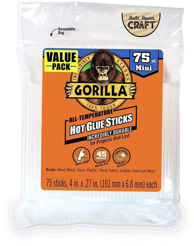 Main image of Gorilla Hot Glue Sticks, Clear Glue, Mini Size 4" Long x 0.27" Diameter, 75 Count (Pack of 1) - Safe for All Temperatures with Extended Working Time