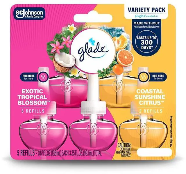Main image of Glade PlugIns Refills Air Freshener, Exotic Tropical Blossoms & Coastal Sunshine Citrus, Scented and Essential Oils for Home and Bathroom, 0.67 Fl Oz, 5 Count