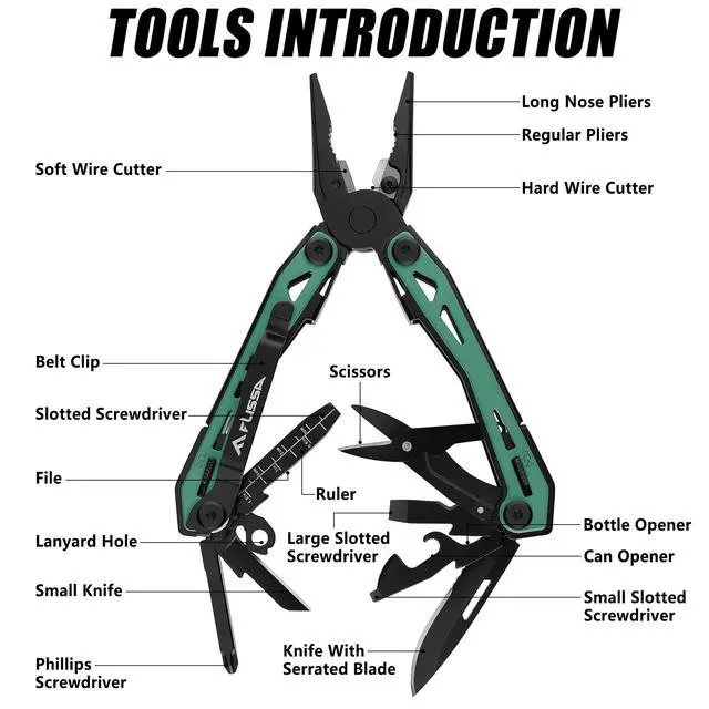 Alt view image 3 of 6 - FLISSA 16-in-1 Multi Tool Pliers, Gifts for Men Dad, Stainless Steel EDC Multitool with Pocket Knife, Belt Clip and Oxford Pouch, Self-locking Multipurpose Utility Multi-Tool for Camping Outdoor