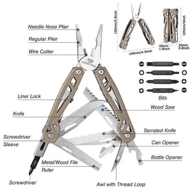 Alt view image 2 of 7 - Multitool, 22-in-1 Stainless Steel Pliers with Screwdriver Sleeve, Desert Steel Handle, Self-locking Knife with Sheath-Perfect for Outdoor, Survival, Camping, Hiking, Simple Repair