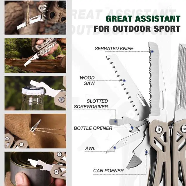 Alt view image 5 of 7 - Multitool, 22-in-1 Stainless Steel Pliers with Screwdriver Sleeve, Desert Steel Handle, Self-locking Knife with Sheath-Perfect for Outdoor, Survival, Camping, Hiking, Simple Repair