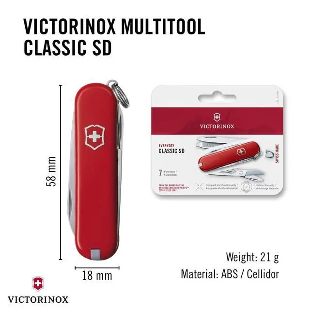 Alt view image 3 of 6 - Victorinox Classic SD Swiss Army Knife, Compact, 7 Functions, Swiss Made Pocket Knife with Small Blade, Screwdriver and Key Ring - Style Icon (Red)
