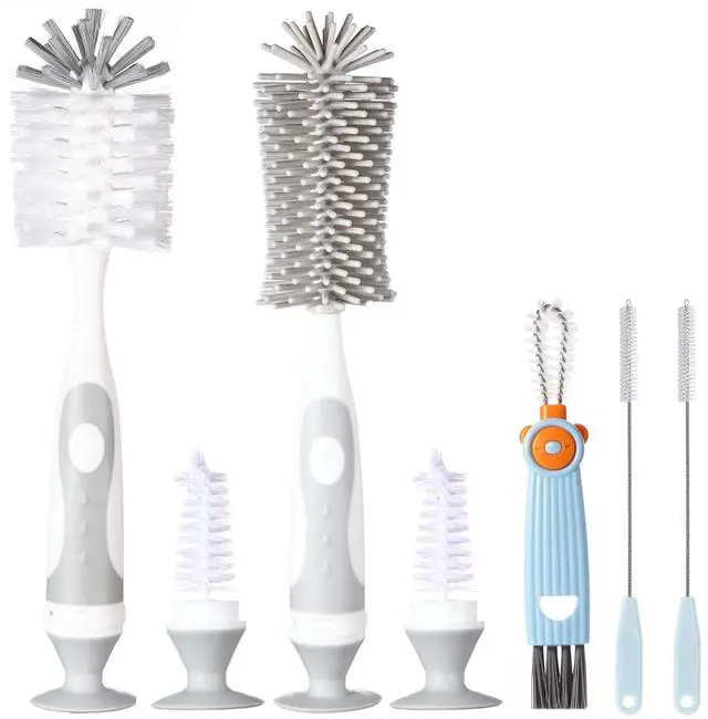 Main image of Ariseno 5-in-1 Baby Bottle Cleaner Set, Including Nylon & Silicone Bottle Brush, Cap, Straw & Nipple Brushes, BPA-Free (Grey)